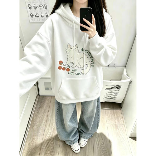 美式复古可爱猫咪连帽卫衣女