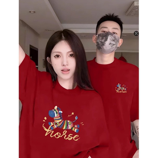 新年穿搭内搭上衣 t恤女情侣装 2026新款 红色卡通国潮小马印花短袖
