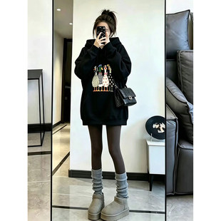 卡通印花黑色连帽卫衣女韩版宽松套头秋冬季加绒加厚中长款上衣衫