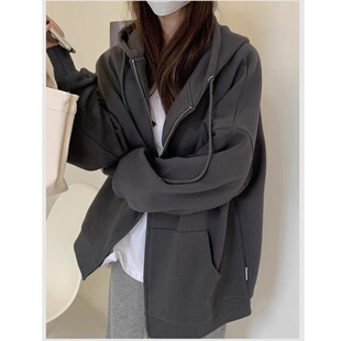 连帽卫衣外套女款早秋2026新款深灰色开衫高级感宽松美式复古上衣