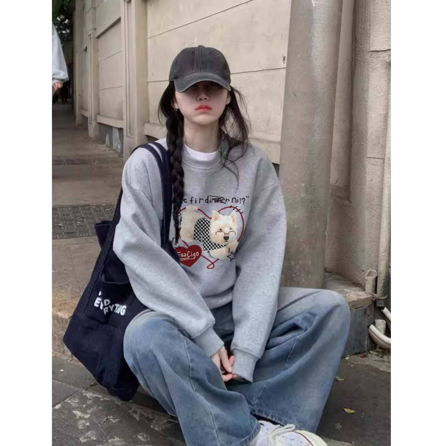 卡通小狗印花无帽卫衣女