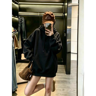 新款高级感黑色连帽卫衣女韩版秋冬季宽松中长款遮屁股套头上衣衫