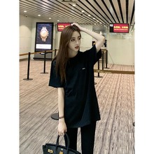 黑色纯棉短袖2025年网红设计感t恤女新款夏季上衣ins潮宽松中长款