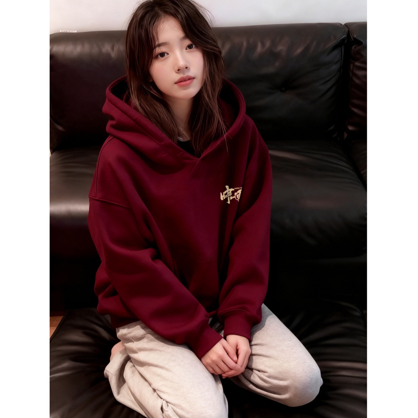 酒红色加厚加绒连帽卫衣