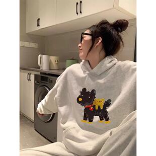 小个子连帽女款灰色小狗印花卫衣设计感小众高级感超好看大版上衣
