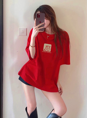 红色新年圆领短袖T恤女2026春季新款纯棉薄款打底内搭半袖上衣ins