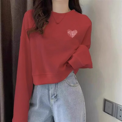 欧货酒红色打底衫圆领卫衣女新款