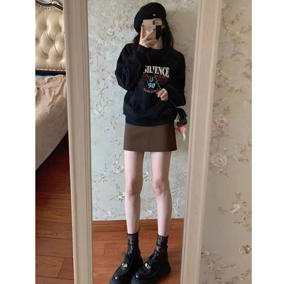 黑色圆领重磅卫衣女春季