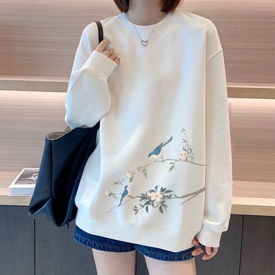 中国风白色圆领卫衣女2025秋冬款