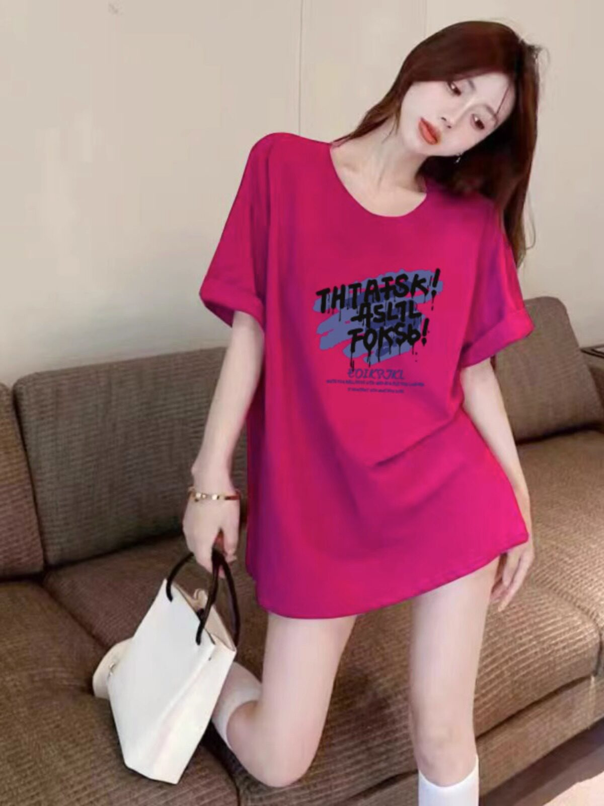 火龙果玫红色纯棉短袖t恤女ins国潮中长款夏季印花宽松圆领上衣夏