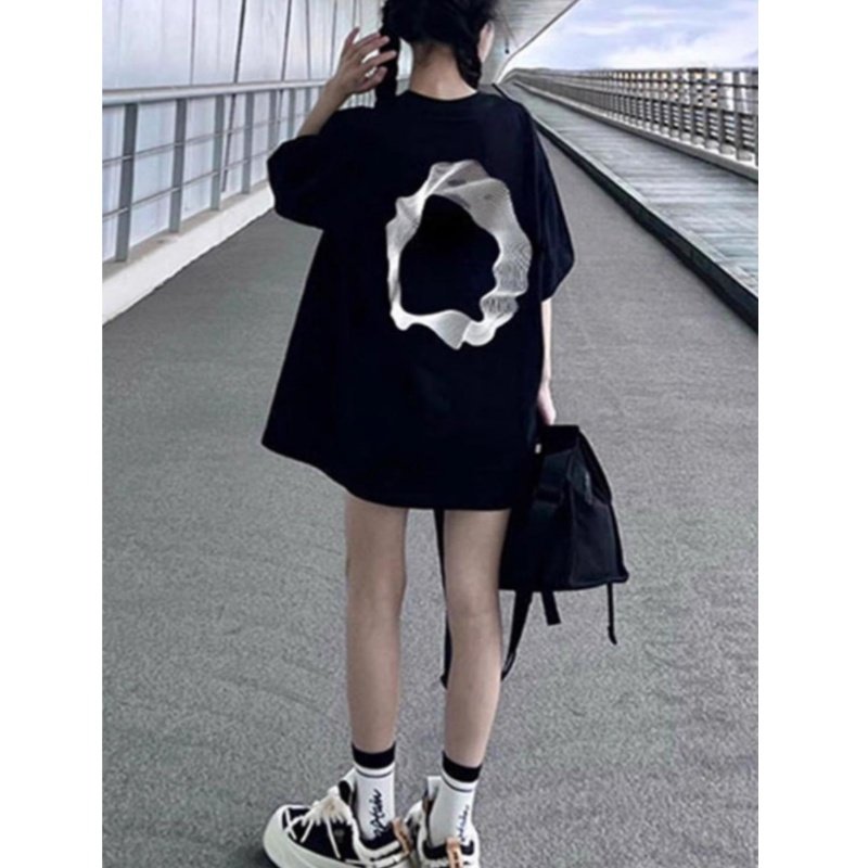 小众高街胖mm美式街头设计感几何印花黑色大码短袖t恤宽松情侣tee