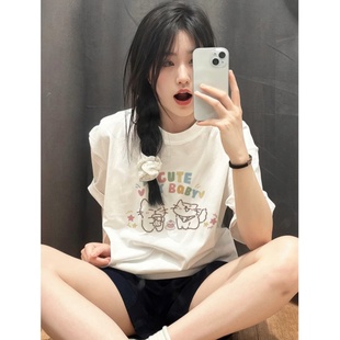 t恤女2025新款 夏季 白色短袖 爆款 上衣 纯棉显瘦半袖 轻熟小众不撞款