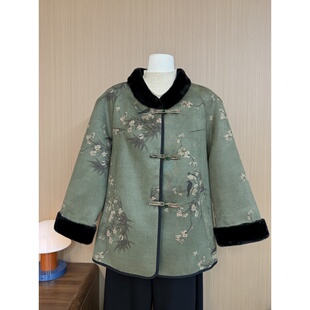 盘扣花卉保暖气质冬装 新中式 风毛领立领外套女中老年妈妈装