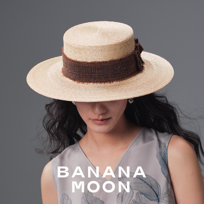 非遗手作装饰香云纱提花_经典boater宽沿草帽加捻麦秆平沿遮阳帽