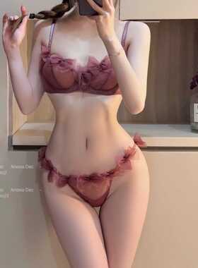 纯欲性感文胸套装聚拢大胸显小网纱镂空透视绑带诱惑内衣女超薄款