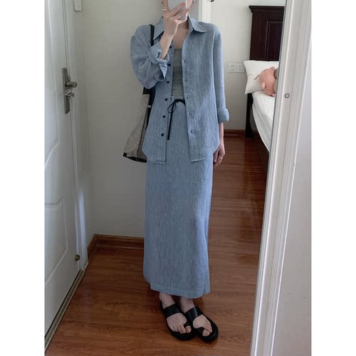 夏日穿搭慵懒松弛感亚麻裙子套装