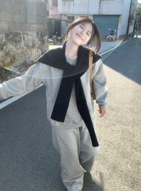 高级感运动套装女秋冬欧货复古休闲炸街灰色加绒卫衣两件套慵懒风