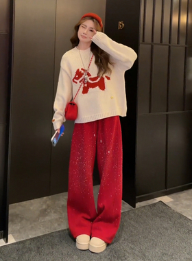 韩系高级感独特漂亮冬装一整套红色小马毛衣加绒休闲裤两件套洋气