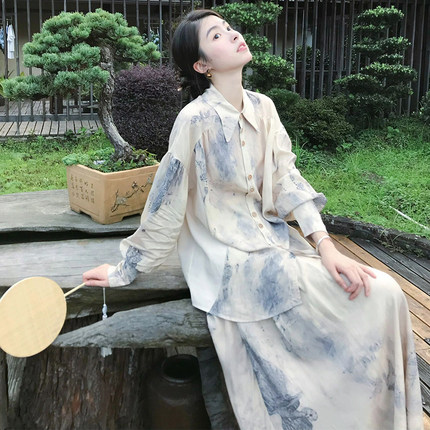 高级感国风套装女夏季2024新款法式漂亮气质扎染衬衫半身裙两件套