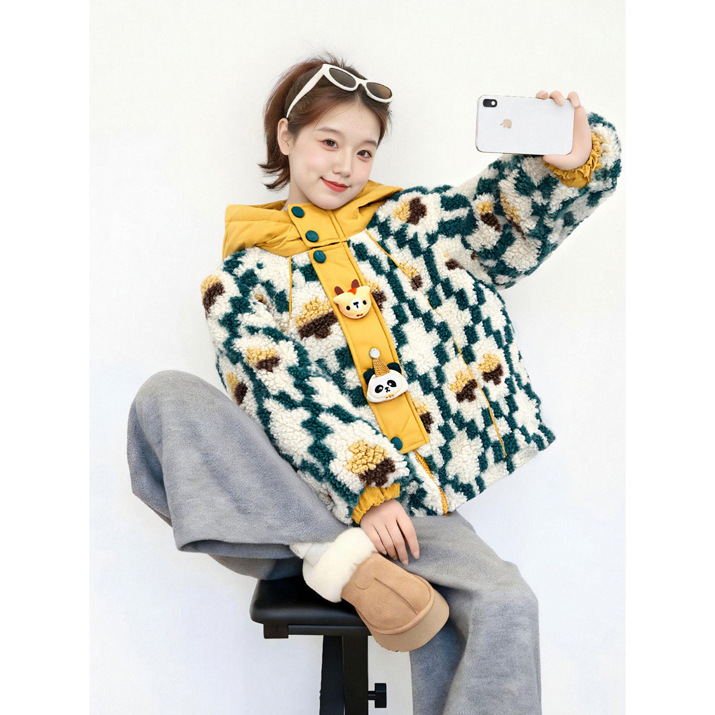 韩系高级感绿色连帽羊羔毛外套女冬季小个子短款摇粒绒毛毛厚大衣,女装/女士精品,短外套,淘宝优惠券,粉丝福利购,淘宝优惠卷