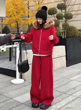 圣诞穿搭红色运动套装女秋冬加绒加厚毛领卫衣阔腿裤两件套高级感