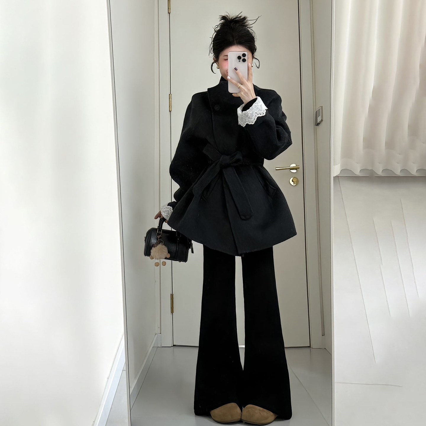 韩系黑色厚毛呢外套女秋冬高级感