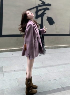 韩系复古短款毛呢外套女冬小个子炸街气质高级感紫色西装呢子大衣