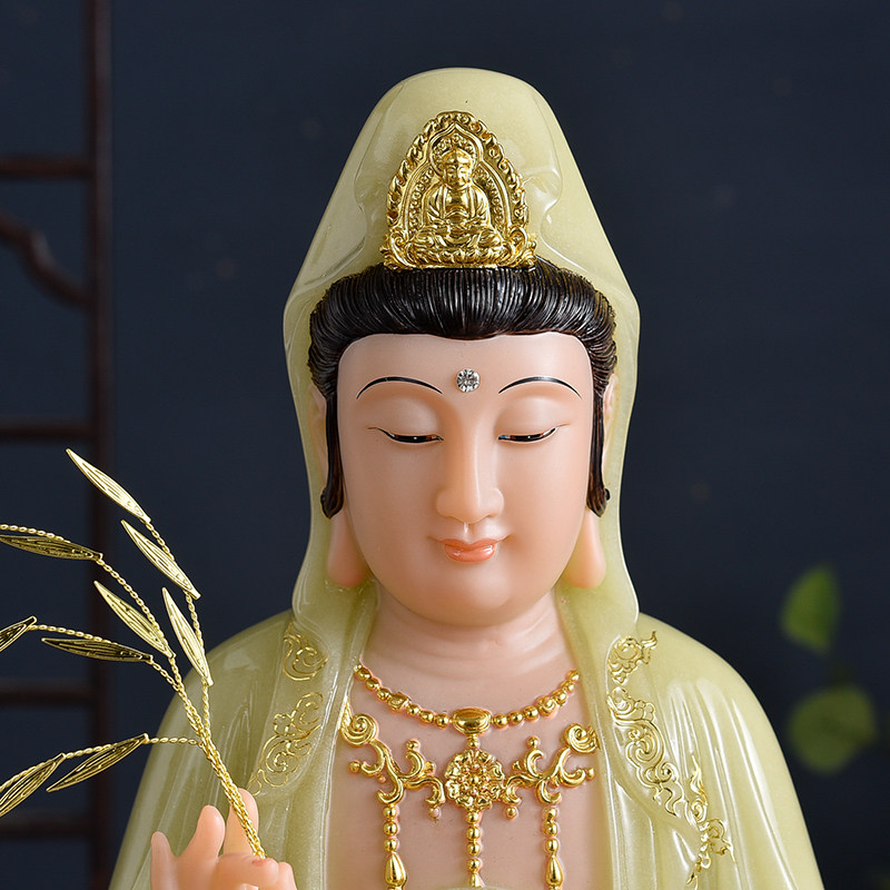 汉白玉观音佛像摆件供奉家用坐莲观世音菩萨娑婆三圣坐像佛具用品