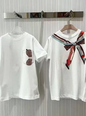 F 26新款 男女童 纯棉 白色短袖T恤 眼镜款 丝巾款