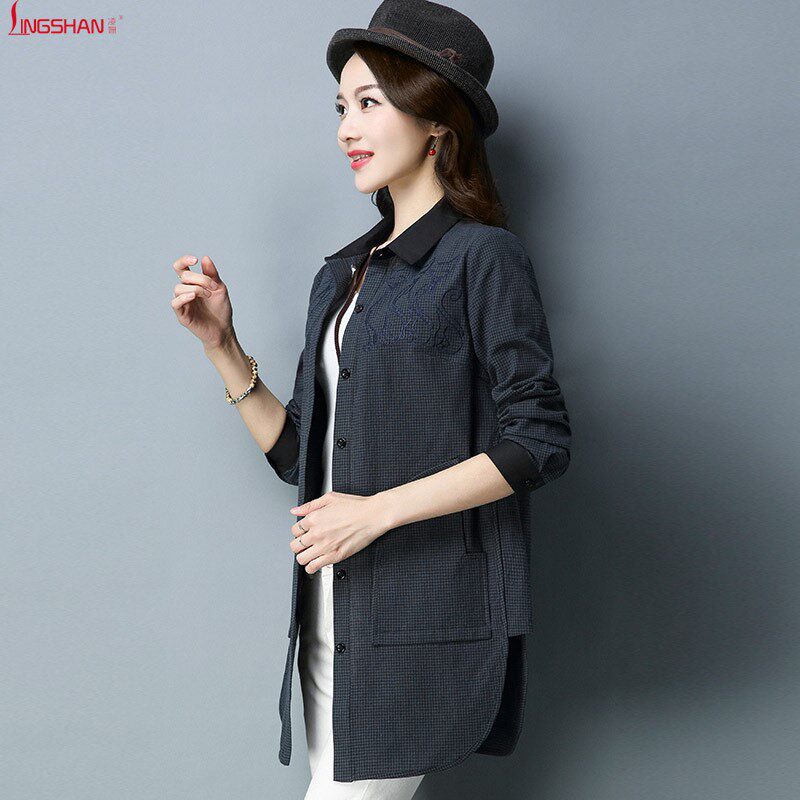 长袖衬衫女韩版中长款上衣2018春秋季新款百搭修身休闲条纹衬衣在类目 女装/女士精品, 衬衫中 - 来自Buy2taobao.com提供专业的淘宝代购服务