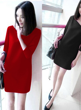 质感高级感红色连衣裙女秋冬直筒温柔风七分袖黑色打底短裙a字裙