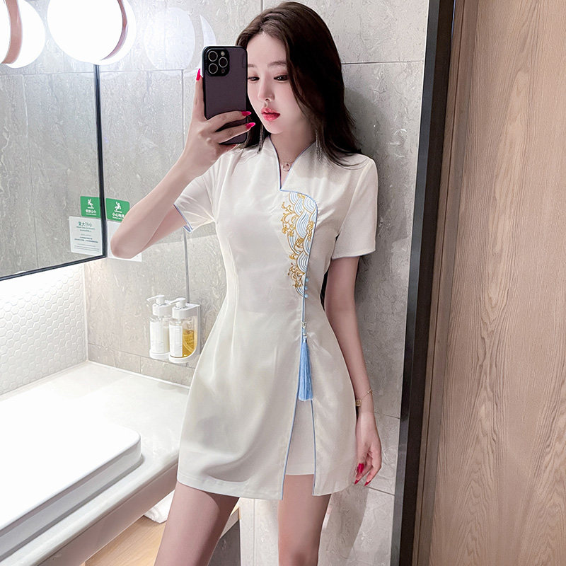 养生店美容师spa柔式工作服女足疗足浴技师套装中国风仙气连衣裙