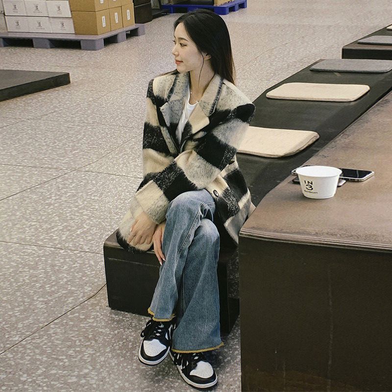 格子西装毛呢外套女2025