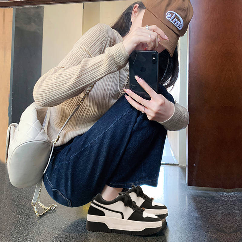 内增高7cm小个子小码3233真皮熊猫拼色百搭板鞋女松糕厚底小白鞋