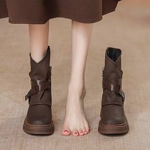 真皮马丁靴女英伦风2025秋冬季 厚底复古炸街小短靴棕咖色加绒 新款