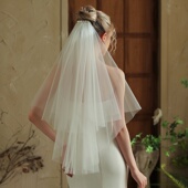 法式 新娘头纱带发梳结婚领证登记拍照道具 简约双层白色珍珠中长款