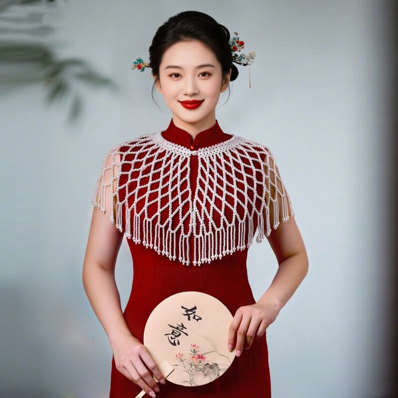 韩版手工纯色串珍珠流苏披肩外搭中式古风旗袍抹胸礼服装饰假领子