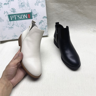 靴女秋冬新款 撤柜方跟圆头时装 百田森正品 真皮加绒短筒靴 SON