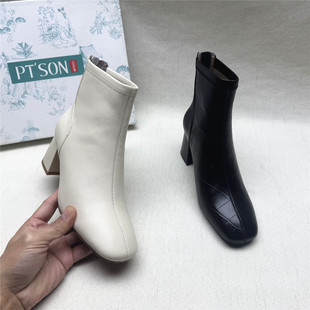 靴女冬新款 撤柜粗跟时装 百田森正品 羊皮加绒羽绒夹层短靴 SON