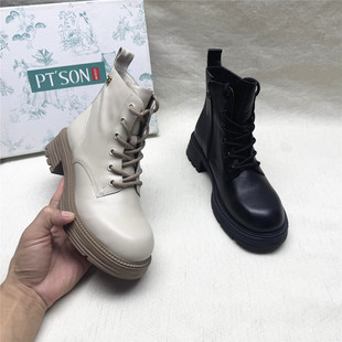 撤柜英伦风粗跟圆头马丁靴女秋冬新款 百田森正品 真皮短靴 SON