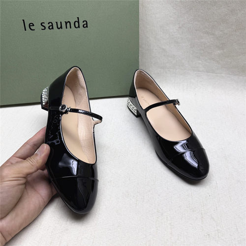 le saunda/莱尔斯丹5M正品撤柜水钻方跟玛丽珍女鞋春新款牛皮单鞋