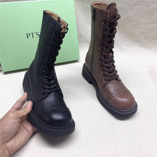 PT'SON/百田森正品撤柜方跟舒适马丁靴女新款牛剖层系带短靴清仓