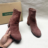 靴女秋冬新款 商场正品 撤柜百搭粗跟圆头时装 瑕疵反绒皮后拉链短靴