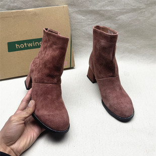 靴女秋冬新款 瑕疵反绒皮后拉链短靴 撤柜百搭粗跟圆头时装 商场正品
