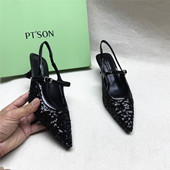 时尚 SON 女夏季 百田森撤柜正品 鞋 织物凉鞋 亮片饰高跟时装 新款