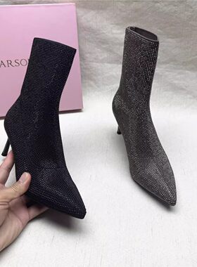 Harson/哈森撤柜性感烫钻高跟时装靴女秋冬新款织物弹力短靴