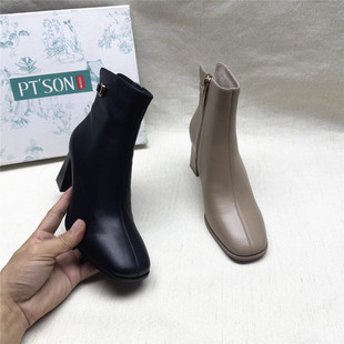 靴女秋冬新款 撤柜粗跟圆头时装 百田森正品 真皮侧拉链短靴 SON