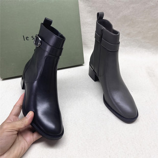 le saunda/莱尔斯丹撤柜粗跟圆头时装靴女新款牛皮侧拉链短靴