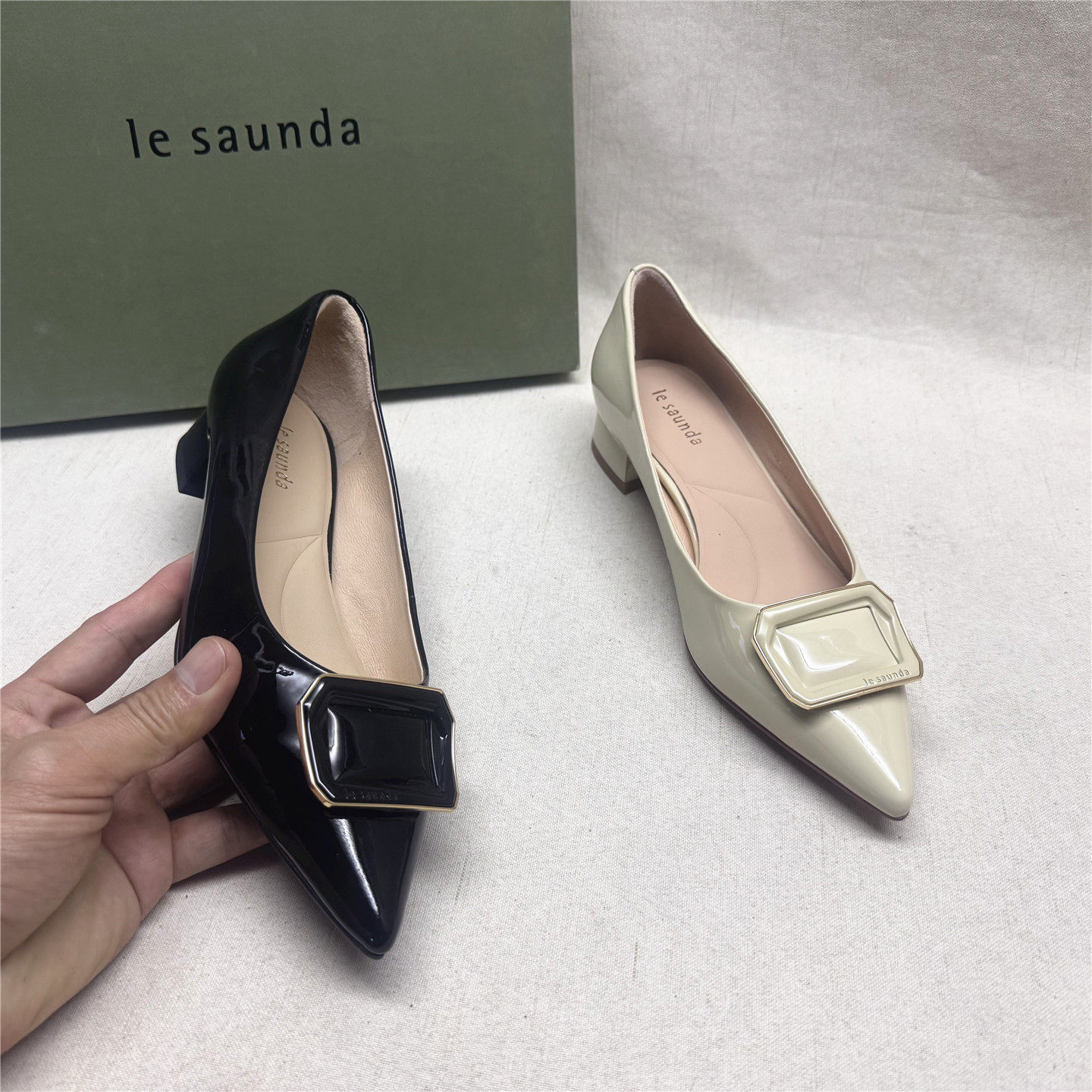 le saunda/莱尔斯丹5M正品时尚尖头方跟时装鞋女新款牛皮浅口单鞋