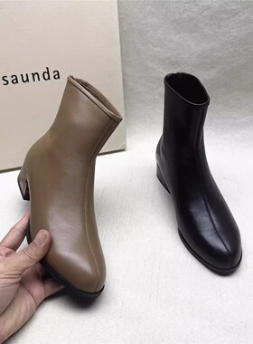 le saunda/莱尔斯丹正品撤柜方跟圆头时装靴女秋冬新款羊皮短筒靴